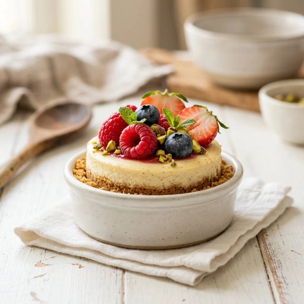 Delicious mini cheesecakes topped with berries on a decorative plate