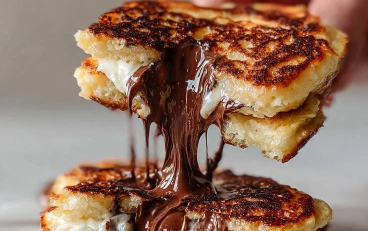 Mini chocolate pancake bites served on a plate with syrup and fruit garnish.