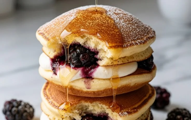 Mini pancake bombs filled with blackberry cream on a plate