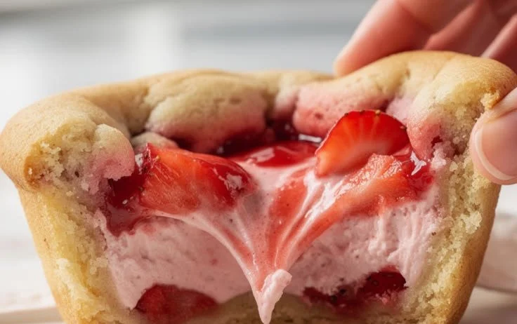 Mini strawberry cream cheese cookie cups on a dessert plate