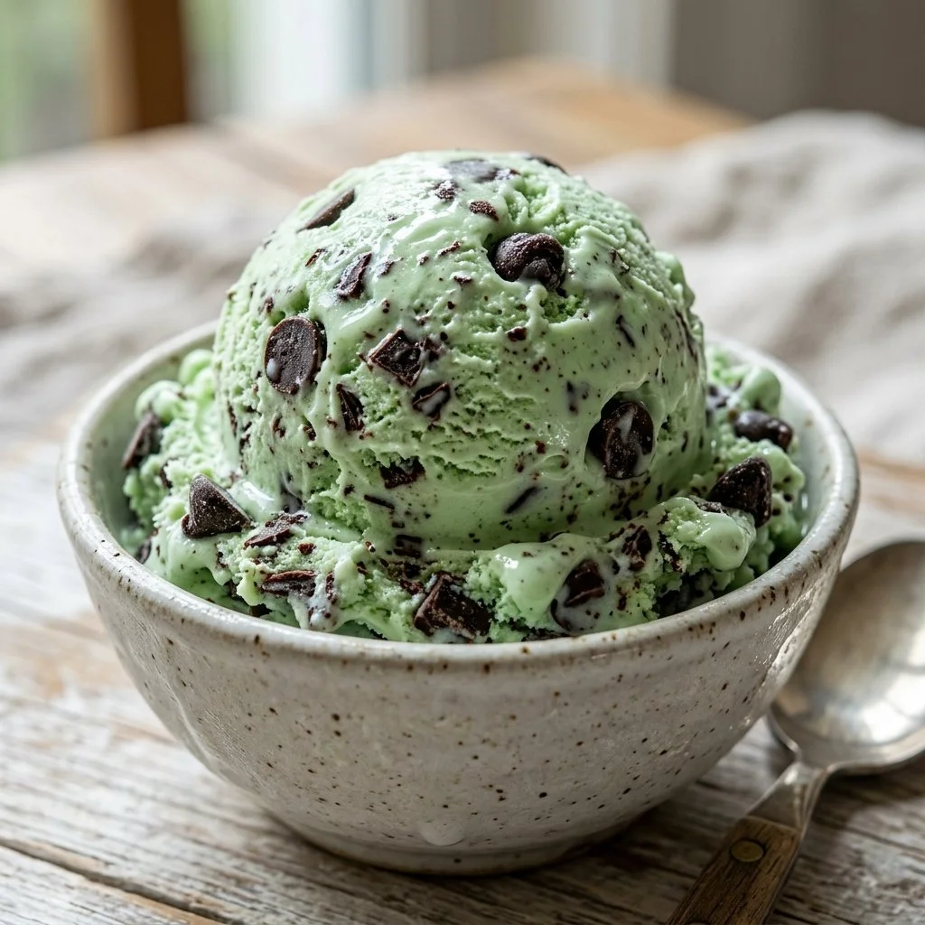 Delicious bowl of Mint Chocolate Chip Ice Cream with chocolate chips and mint leaves