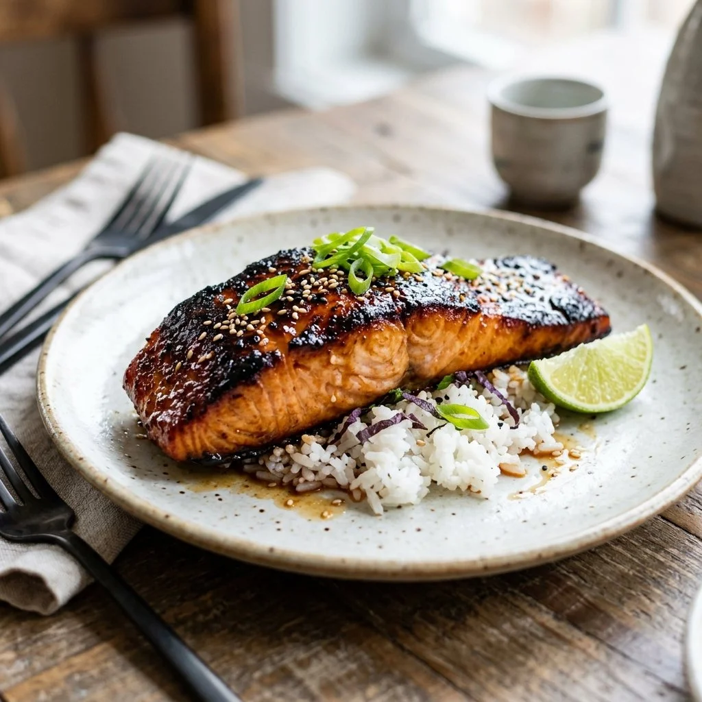 Delicious plate of miso glazed salmon garnished with vegetables