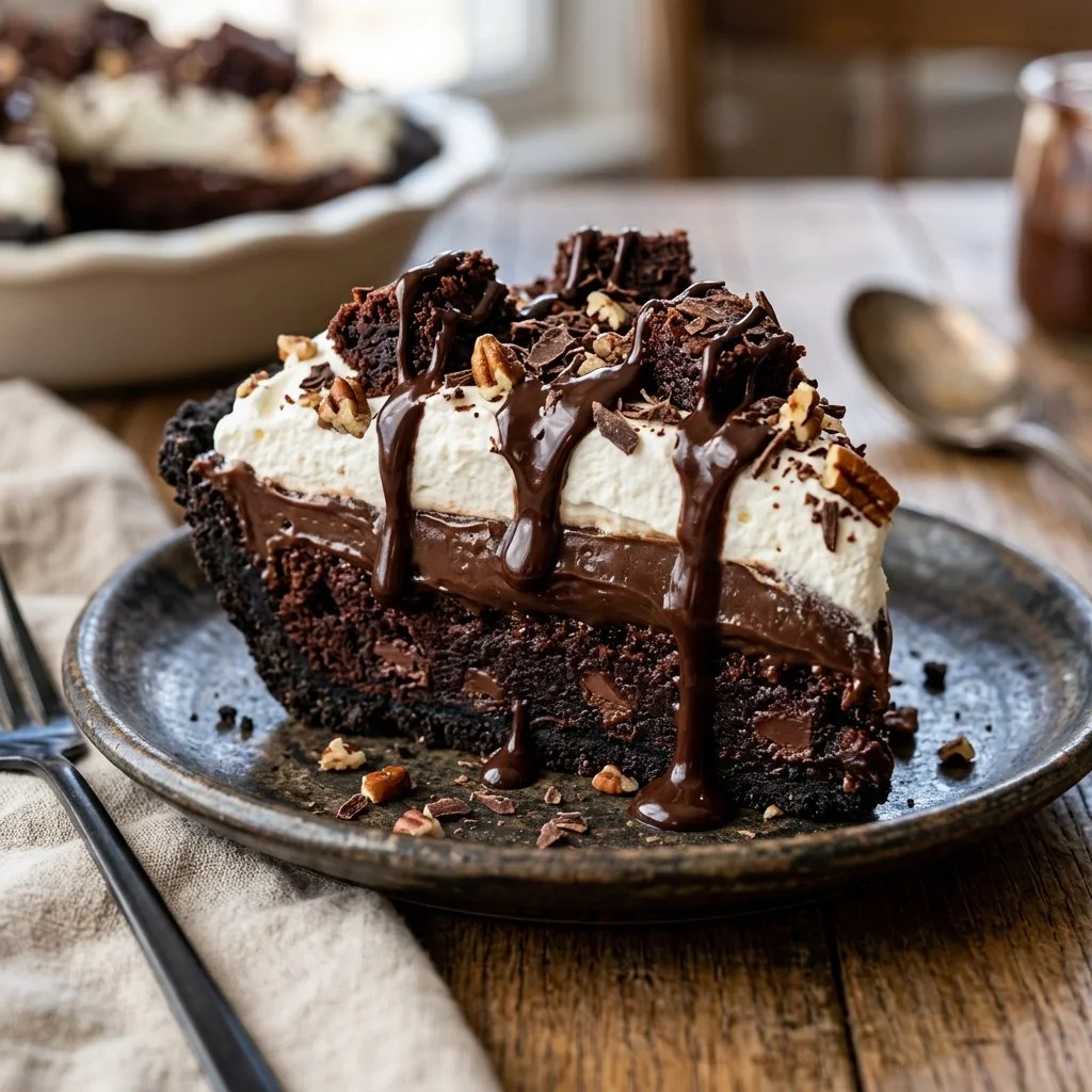 Decadent Mississippi Mud Pie topped with chocolate and whipped cream.