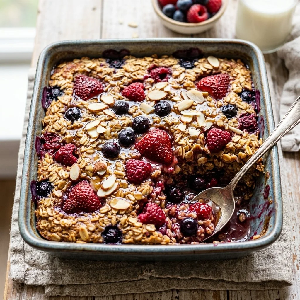 Delicious mixed berry baked oatmeal recipe with colorful berries on top