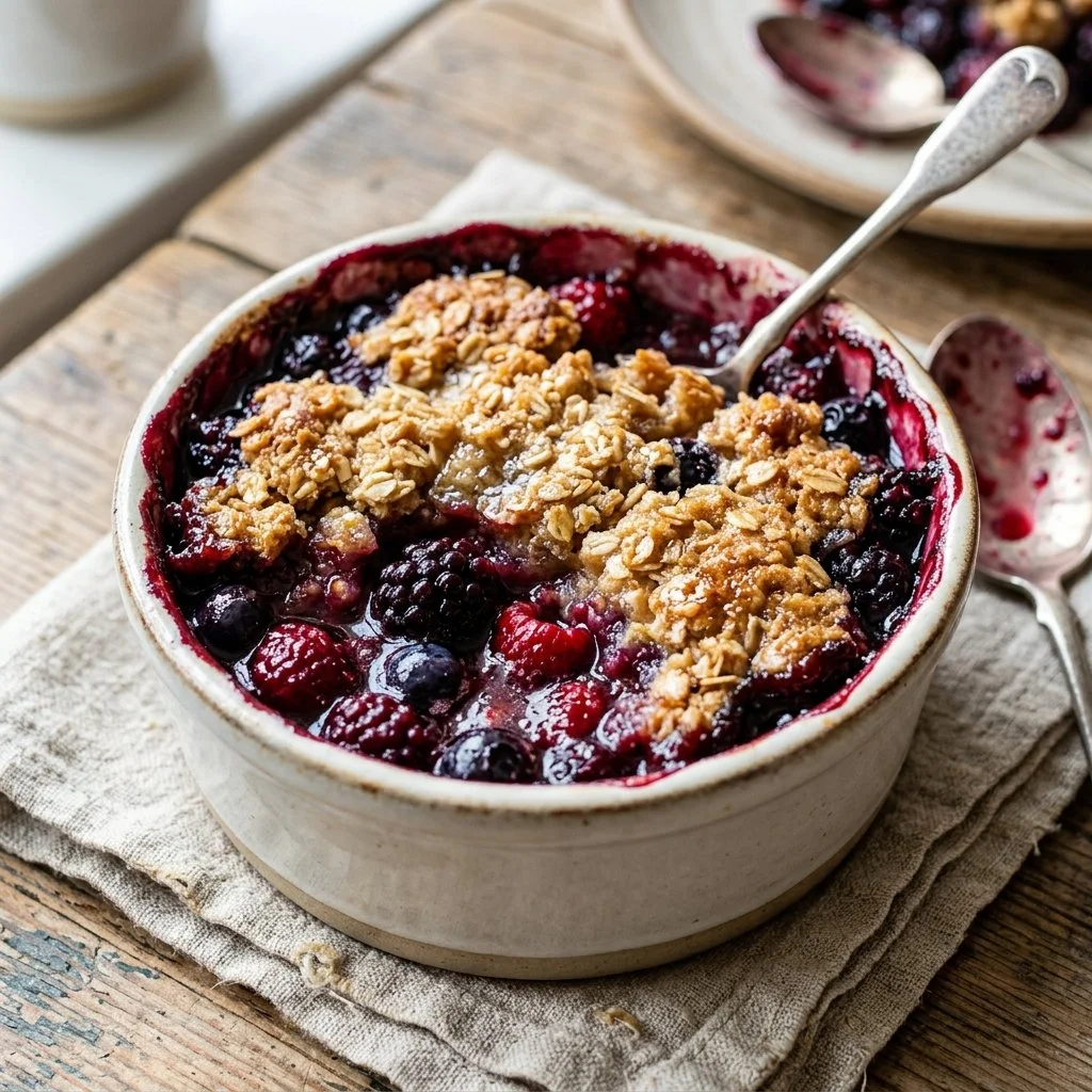 Mixed Berry Breakfast Cobbler served in a dish with fresh berries