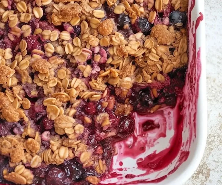 Delicious mixed berry crisp topped with oat crumble in a baking dish.