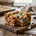 Delicious Monster Cookie Bars with oats, M&Ms, and chocolate chips