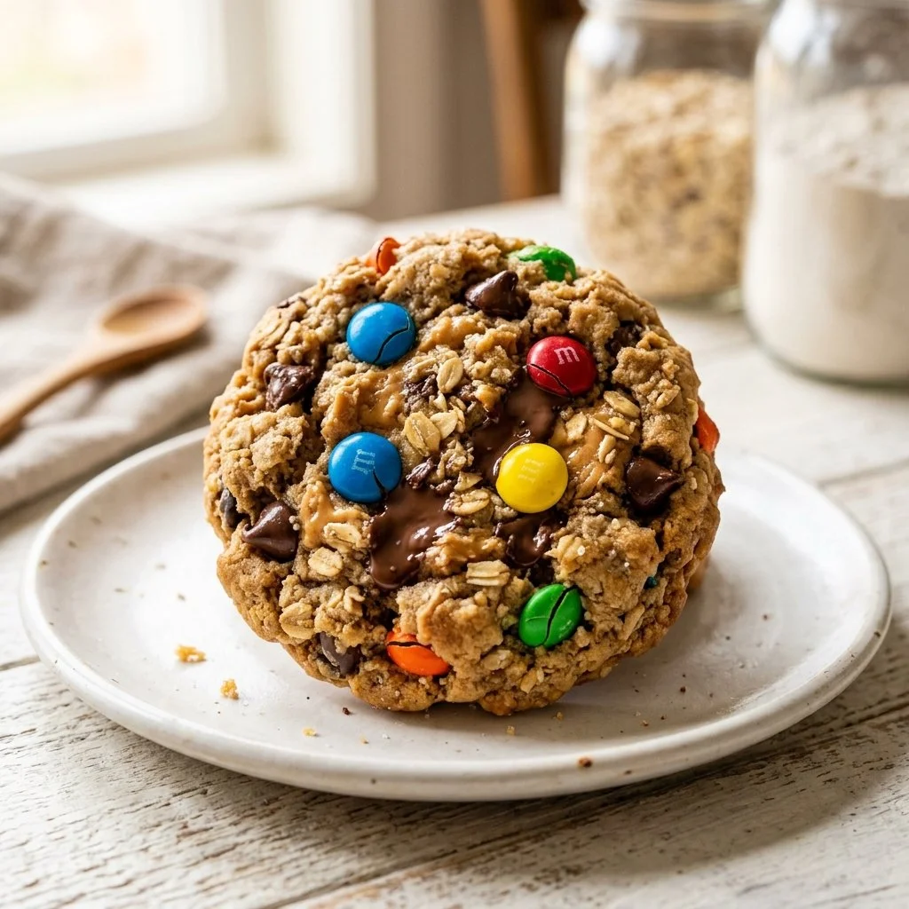 Delicious monster cookies recipe with oats, chocolate chips, and peanut butter.