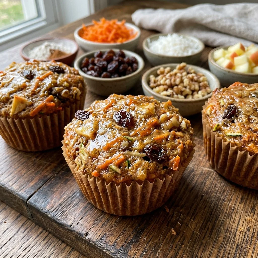Freshly baked Morning Glory Muffins with nuts, carrots, and spices