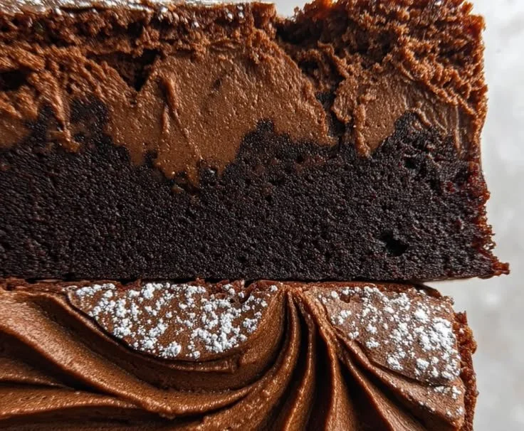 Delicious mousse-filled chocolate brownies topped with chocolate drizzle