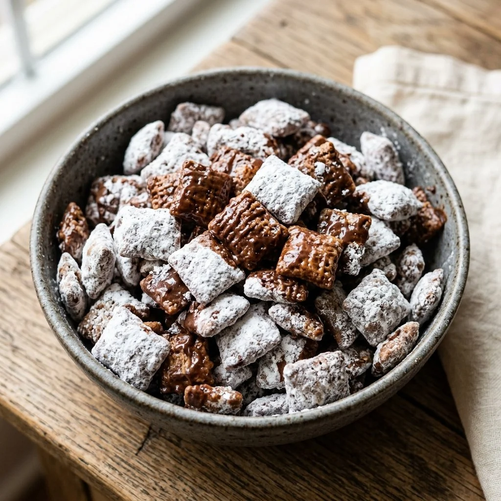 Bowl of homemade Muddy Buddies with chocolate and peanut butter coating