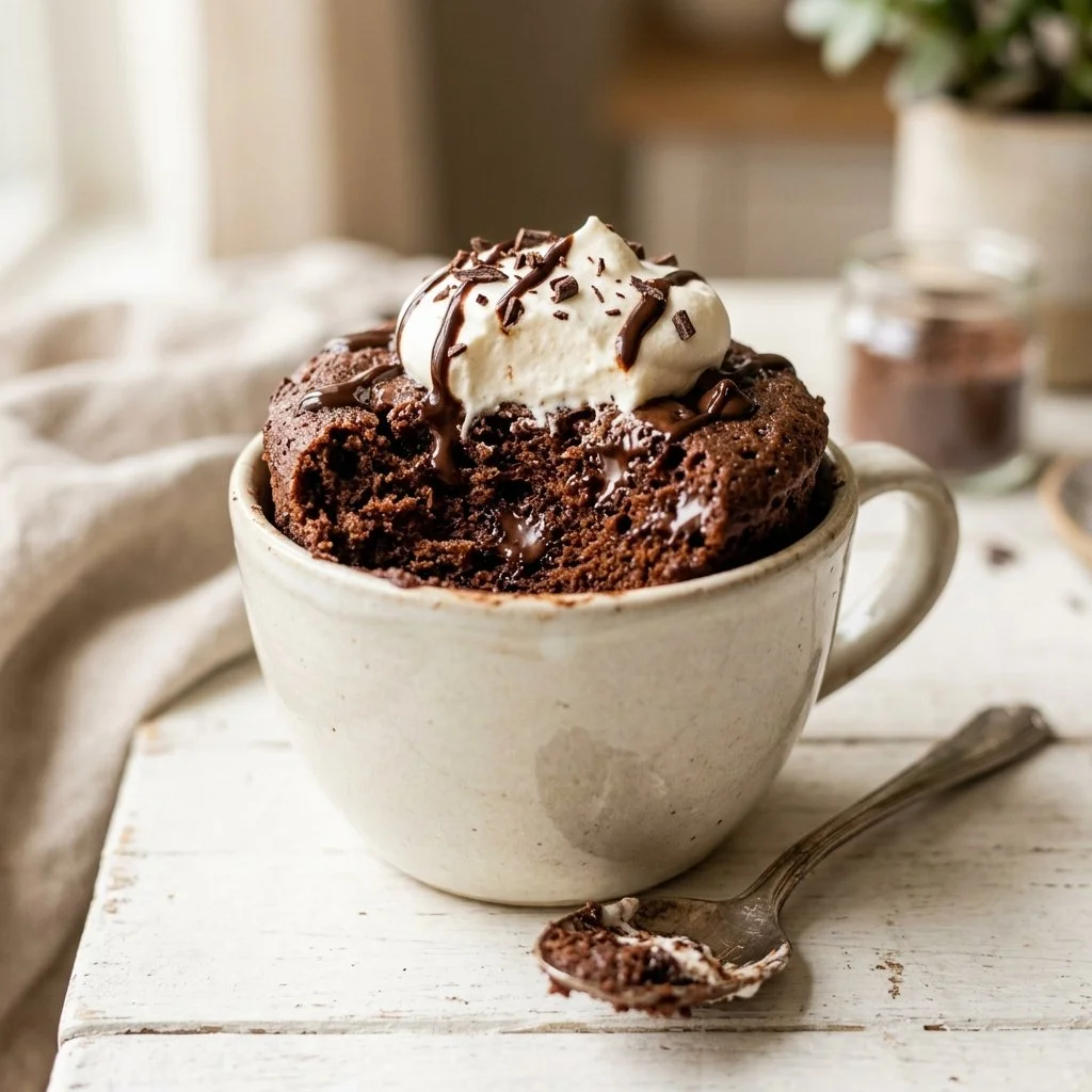 Delicious chocolate mug cake recipe ready to enjoy in a mug