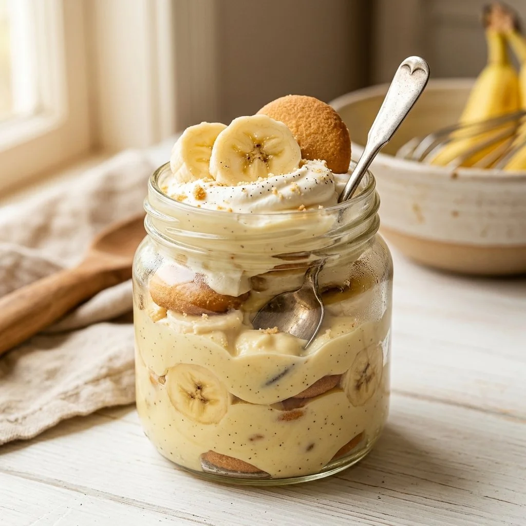Delicious no bake banana pudding served in a glass dish with fresh bananas on top.