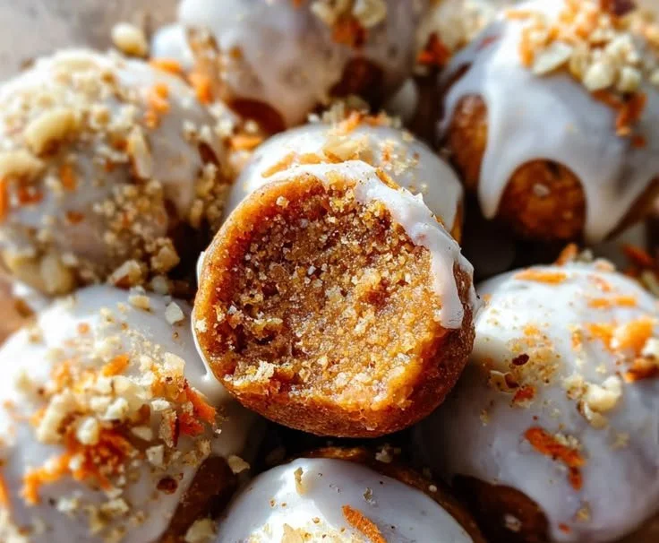 No bake carrot cake bites served on a plate with cream cheese frosting