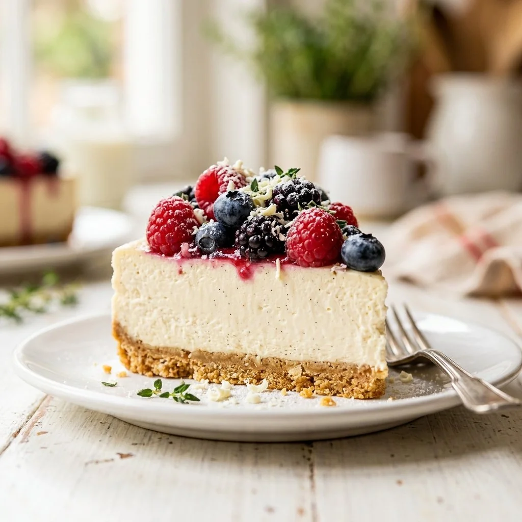 Delicious no bake cheesecake served with fresh berries