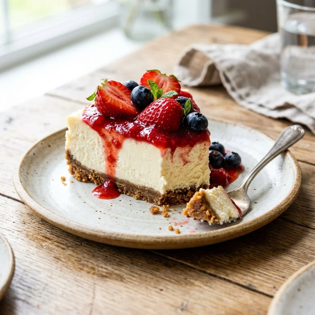 Delicious no-bake cheesecake topped with fresh berries and drizzled with chocolate sauce.