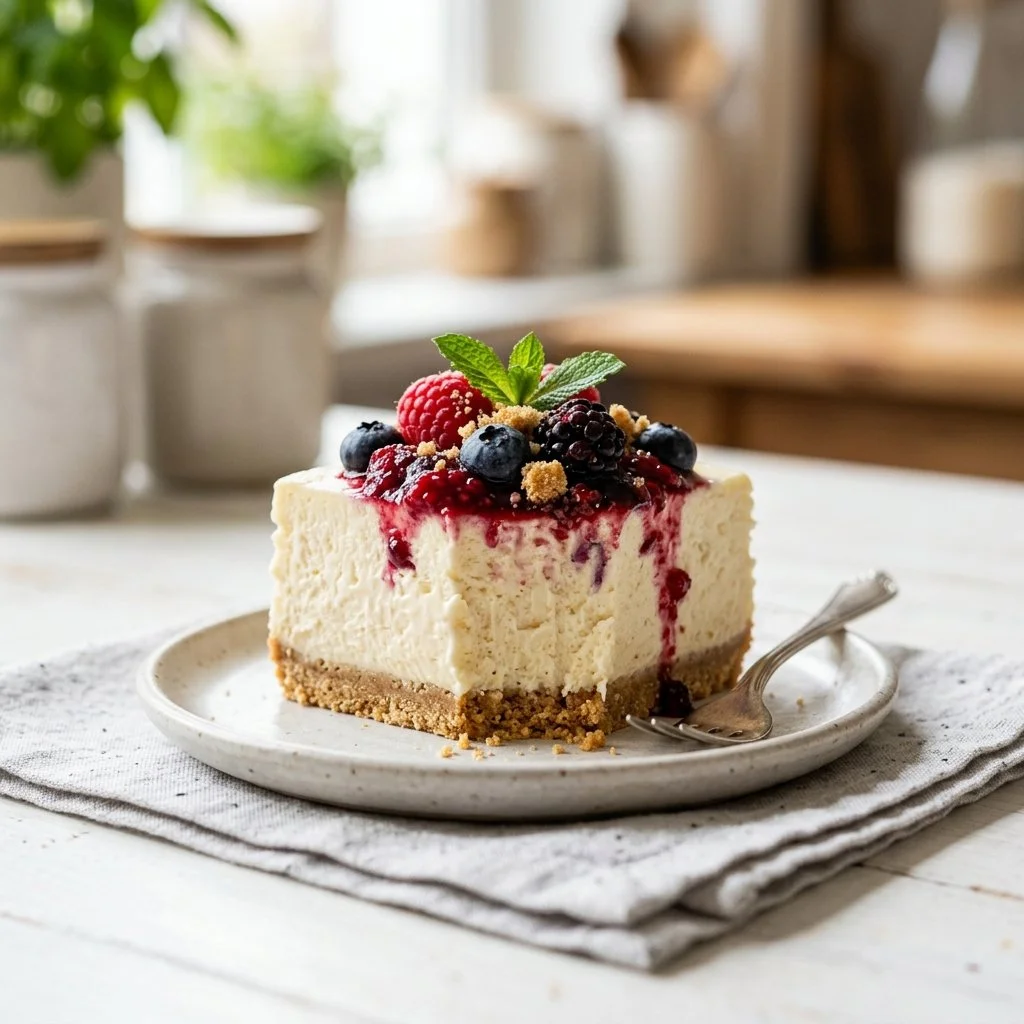 No bake cheesecake topped with fresh berries and chocolate drizzle