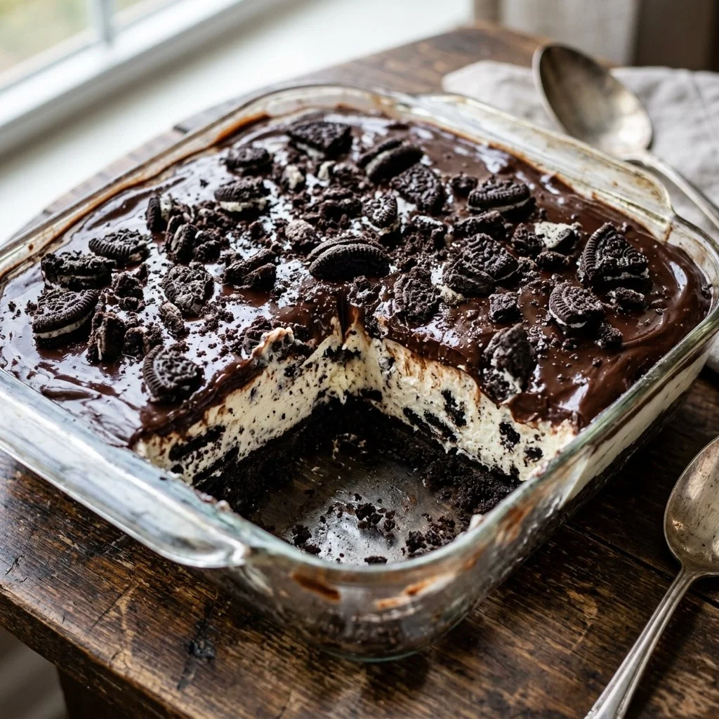 No bake Oreo dessert with layers of cream and crushed cookies
