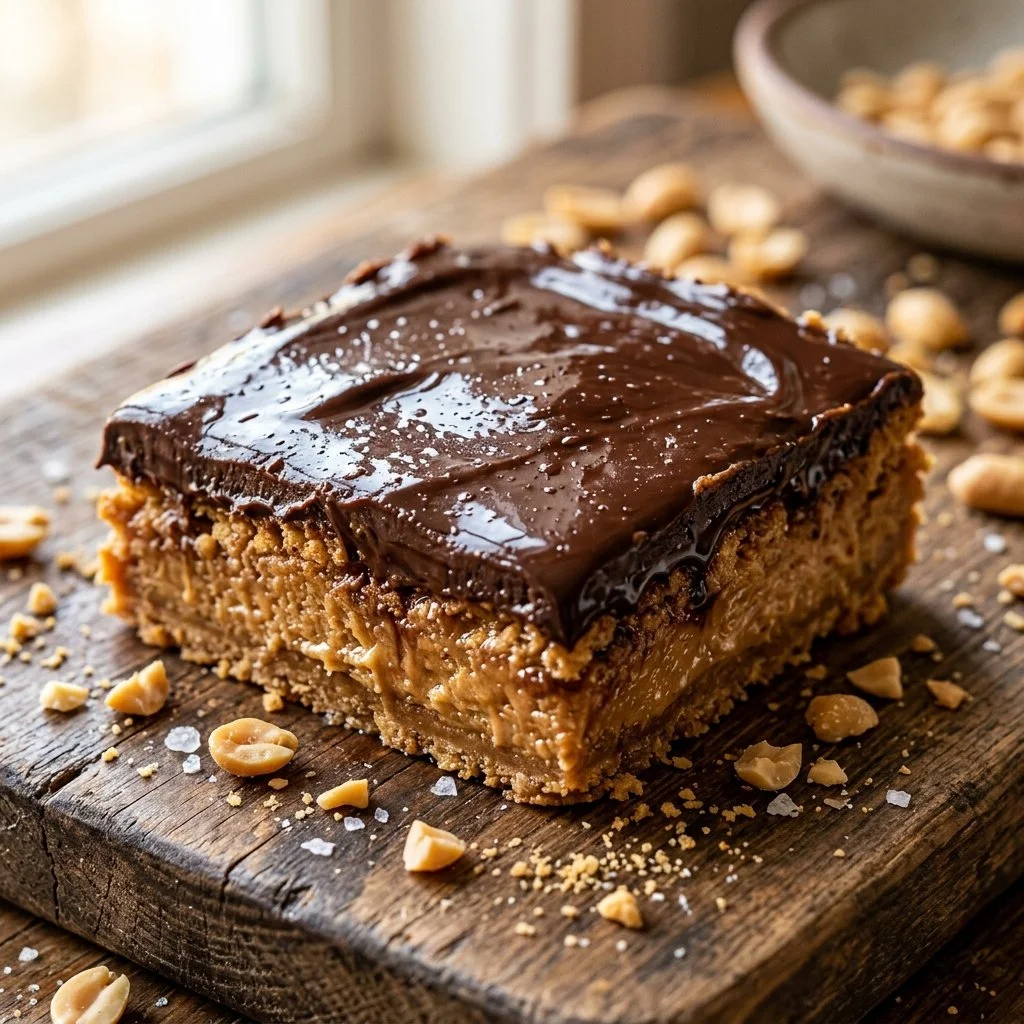No-bake peanut butter bars topped with chocolate and nuts