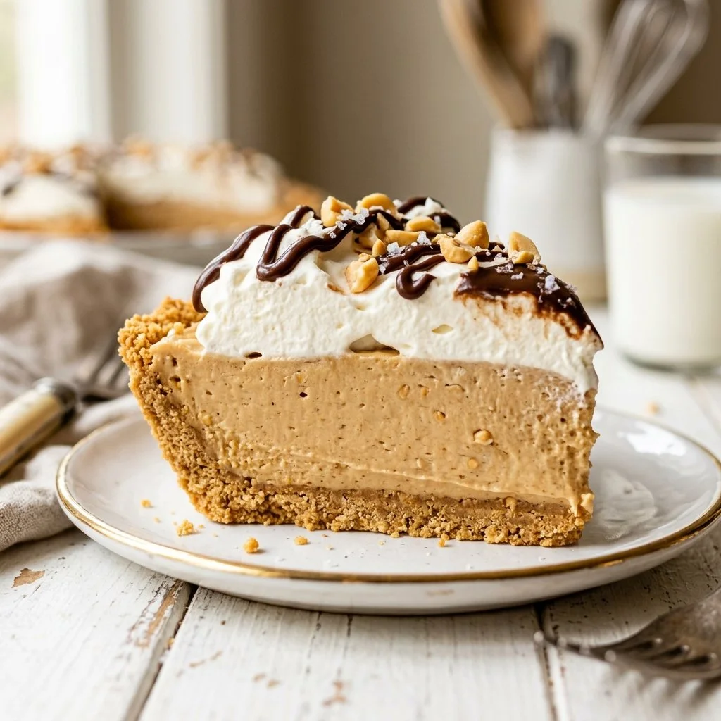 Delicious no bake peanut butter pie topped with whipped cream and chocolate