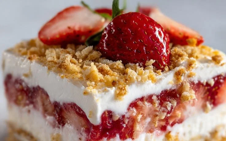 No-bake strawberry layered dessert with fresh strawberries and creamy layers