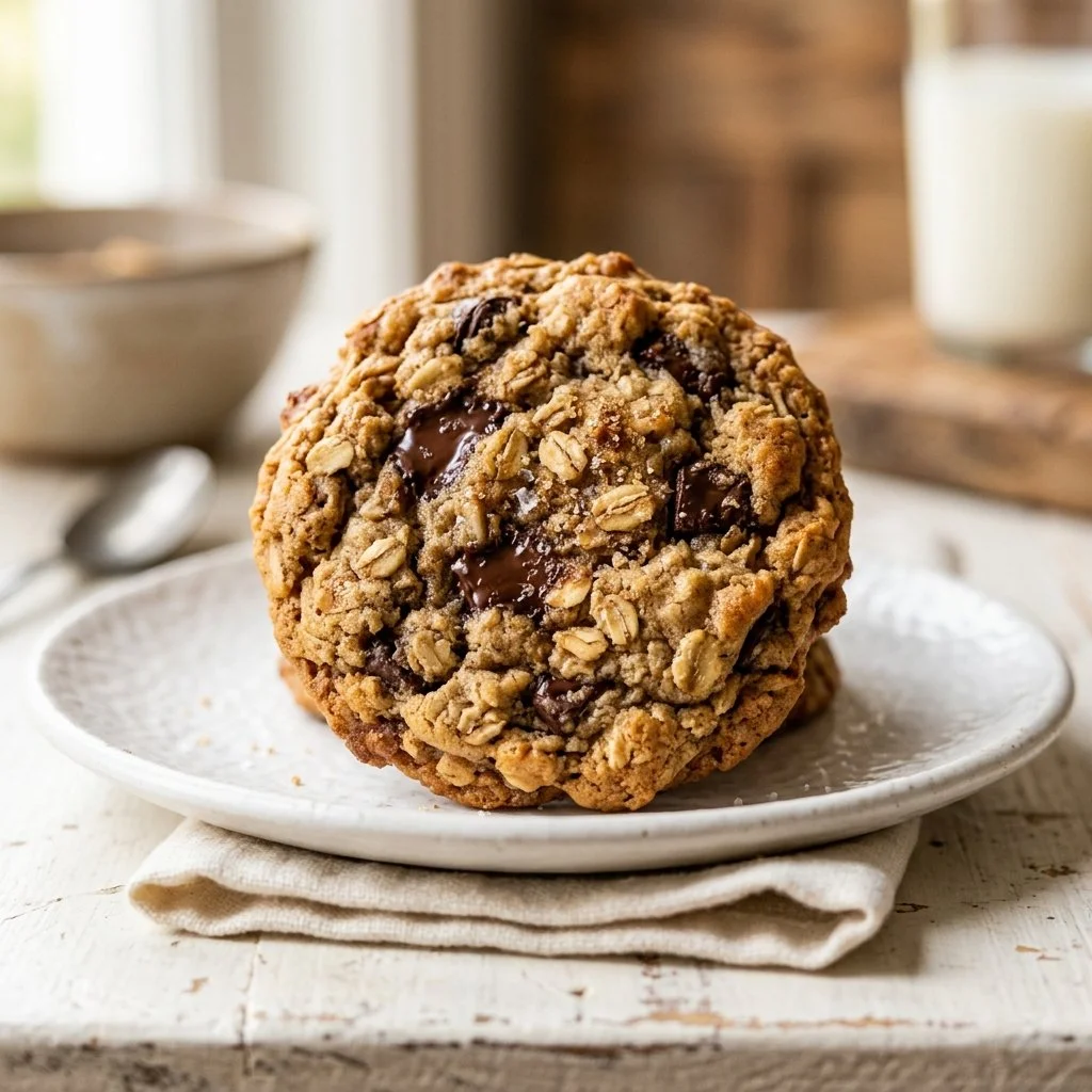 Freshly baked oatmeal cookies on a wooden table with oats and chocolate chips