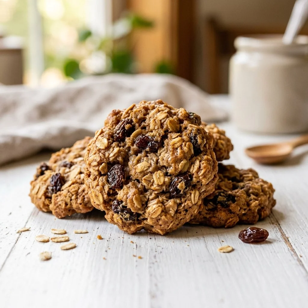 Freshly baked oatmeal raisin cookies cooling on a wire rack
