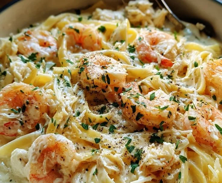 Delicious One Pot Shrimp and Crab Alfredo dish garnished with parsley in a creamy sauce.