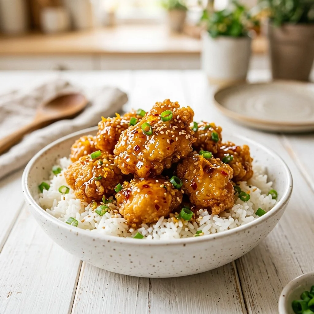 Homemade orange chicken served with rice and garnished with green onions.