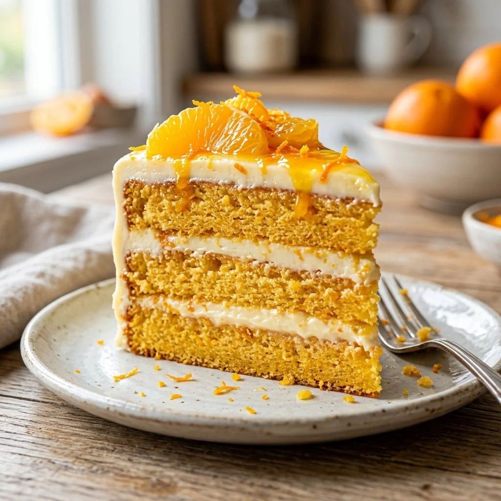 Slice of orange creamsicle cake with creamy frosting and orange zest garnish