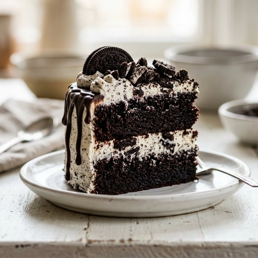 Delicious Oreo cake with creamy frosting and crushed cookies on top