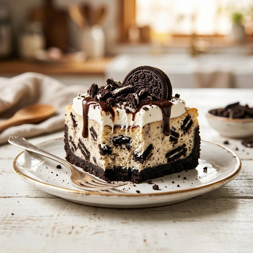 Delicious homemade Oreo cheesecake on a plate with chocolate drizzle