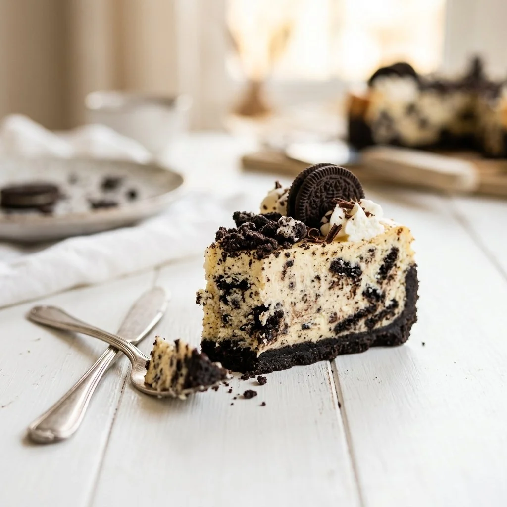 Delicious slice of Oreo cheesecake topped with cookies and cream