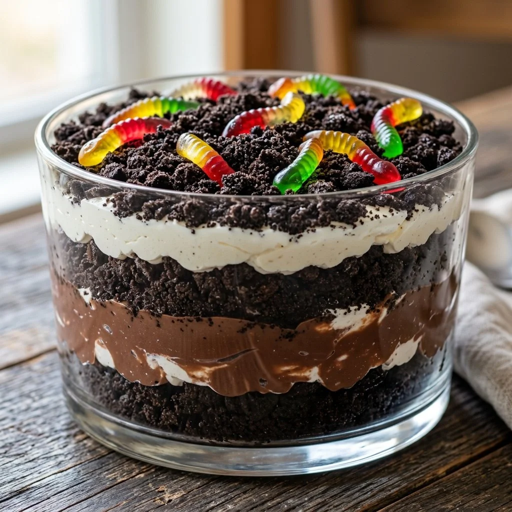 Decadent Oreo Dirt Cake with crushed Oreos and creamy layers