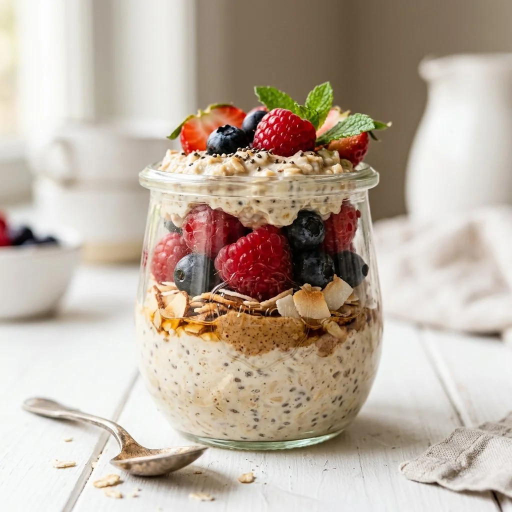 Delicious overnight oats recipe in a glass jar topped with fruits and nuts