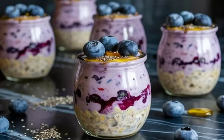 Bowl of overnight oats with fresh blueberries and toppings