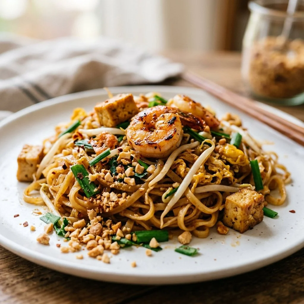 Delicious homemade pad thai served in a bowl with fresh ingredients