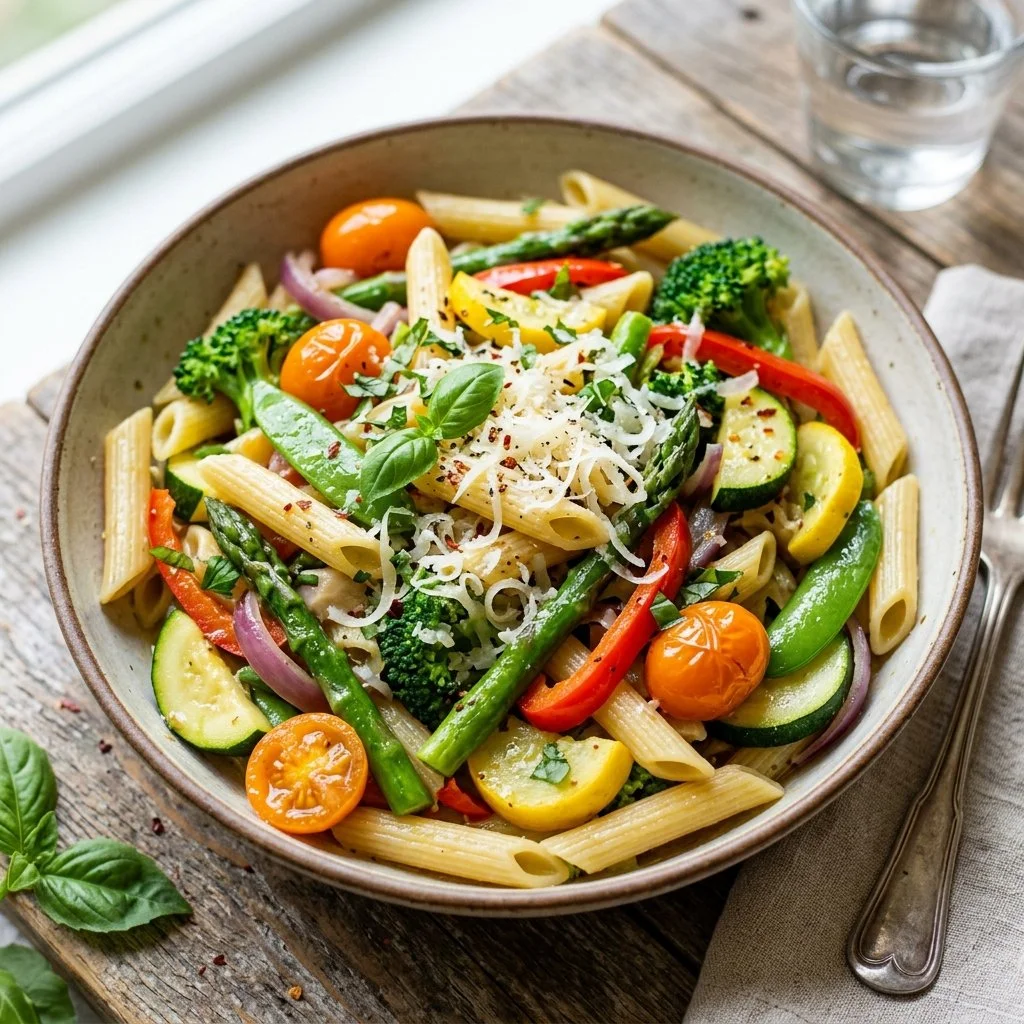 Delicious Pasta Primavera with colorful vegetables and herbs