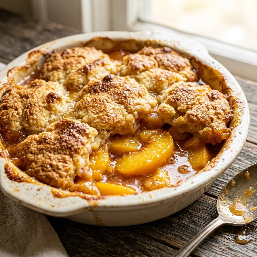 Delicious homemade Peach Cobbler with golden crust and fresh peaches
