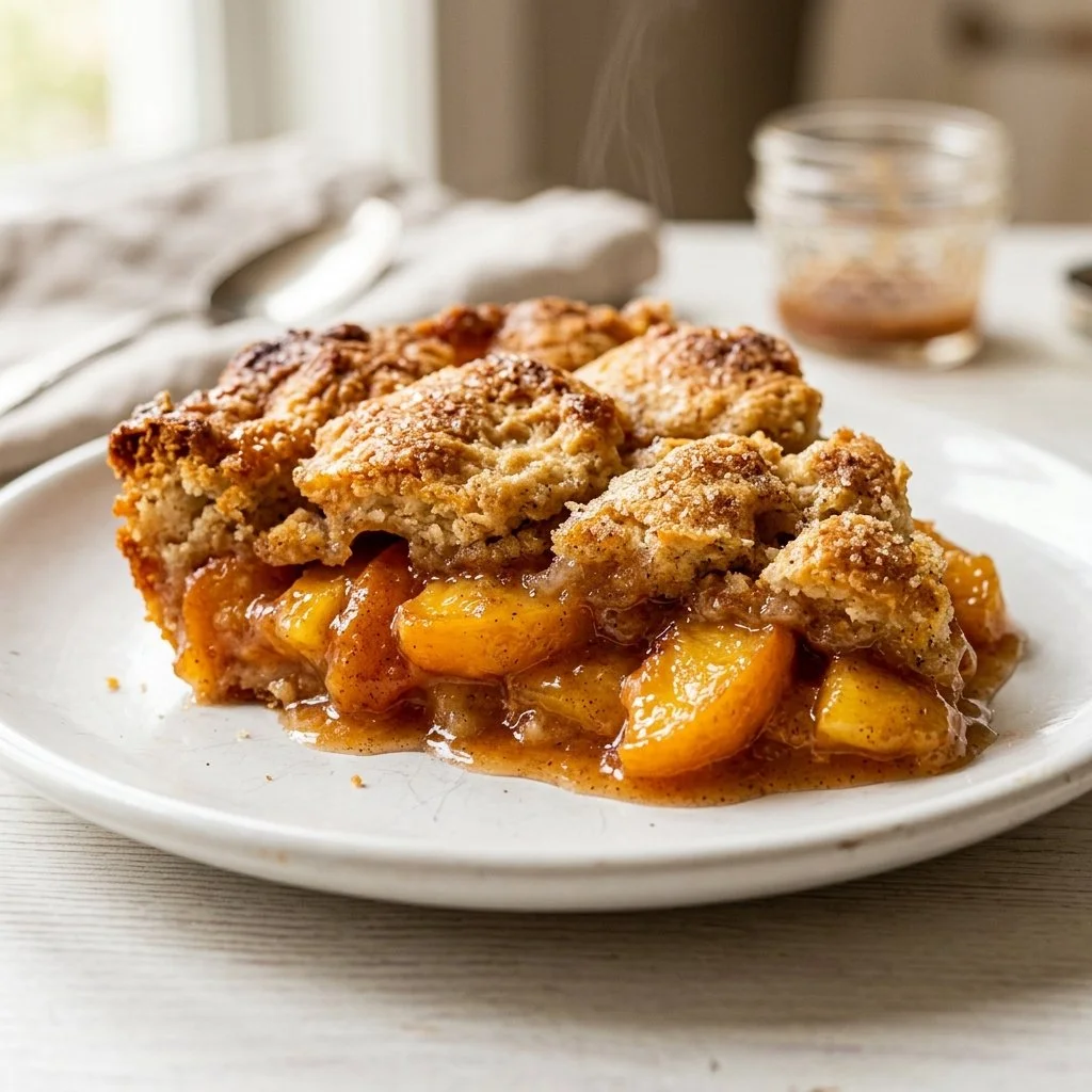 Delicious homemade peach cobbler served with ice cream