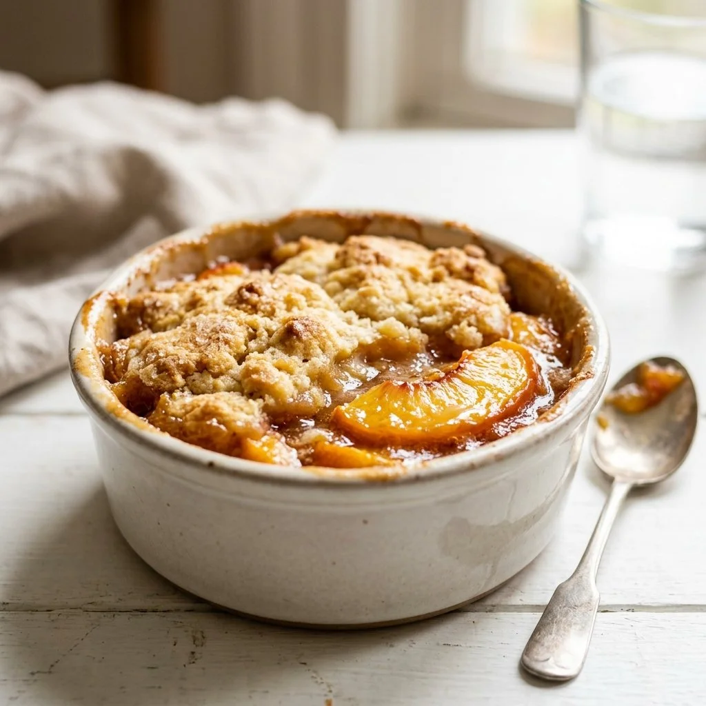 A warm and delicious peach cobbler topped with golden crust and fresh peaches.