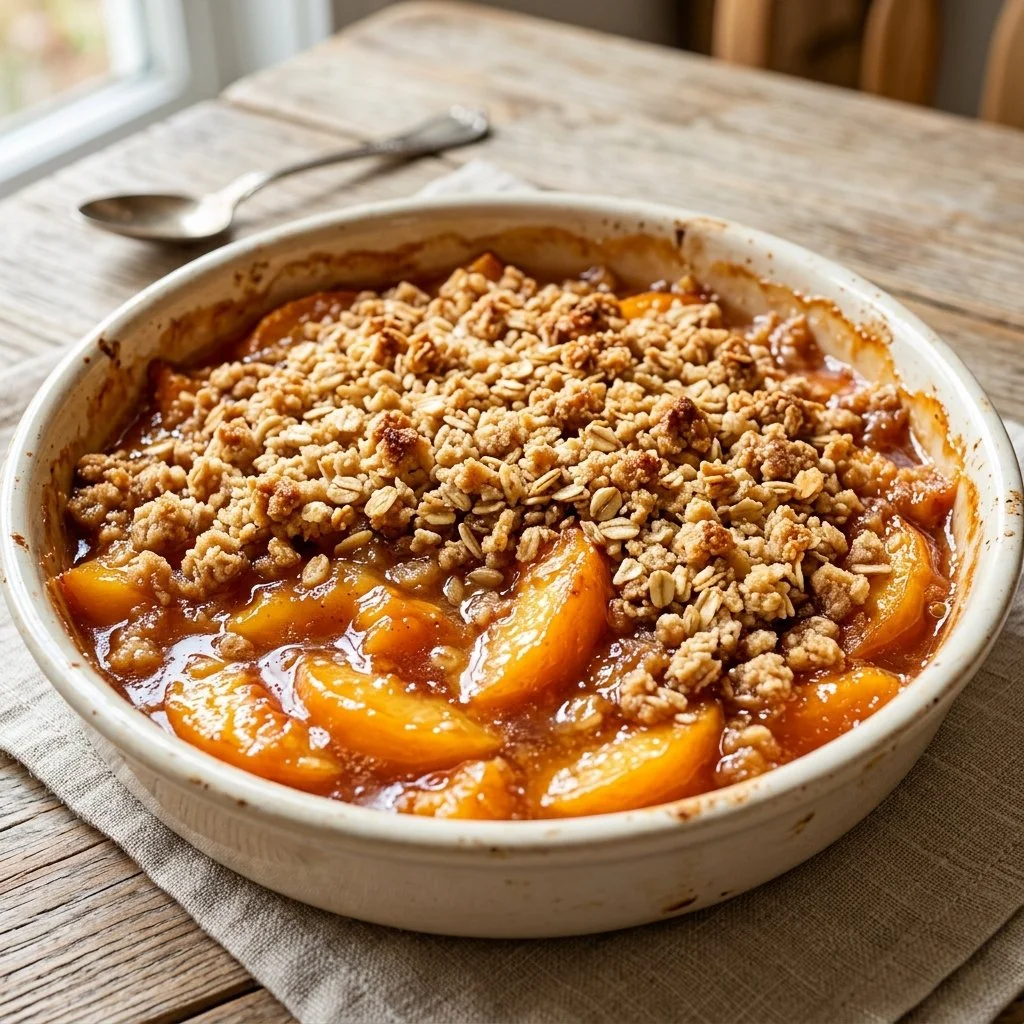 Delicious homemade Peach Crisp with juicy peaches and a golden crumble topping