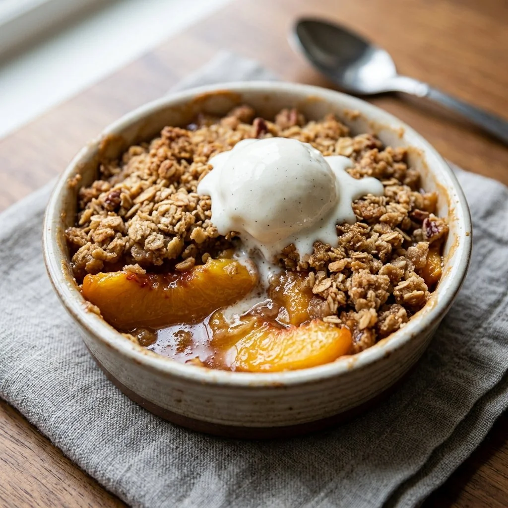 Delicious home-baked Peach Crisp with a golden, crumbly topping.