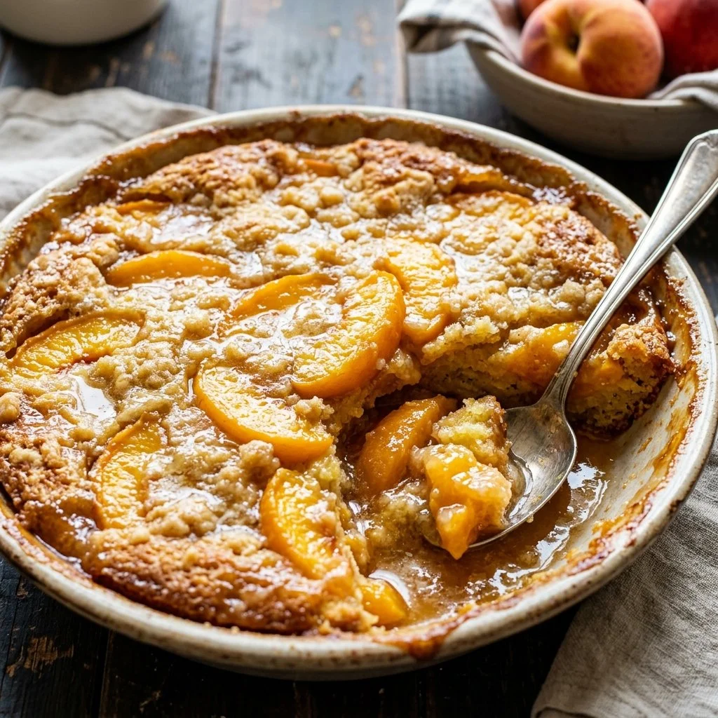 Delicious homemade Peach Dump Cake served in a dish