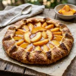 Homemade peach galette topped with fresh peaches and baked to perfection