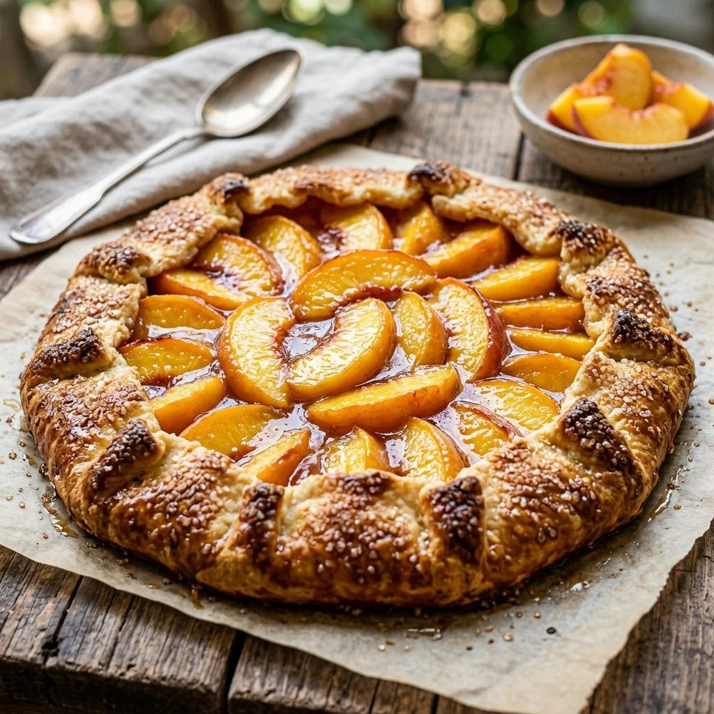Homemade peach galette topped with fresh peaches and baked to perfection