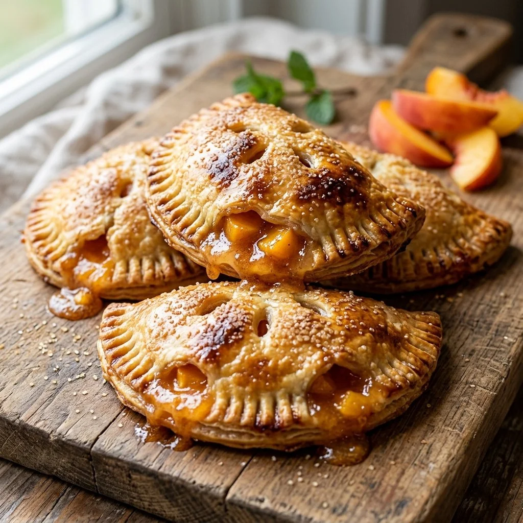 Freshly baked peach hand pies with a golden crust and juicy filling.