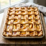 Freshly baked Peach Slab Pie with golden crust and juicy peach filling