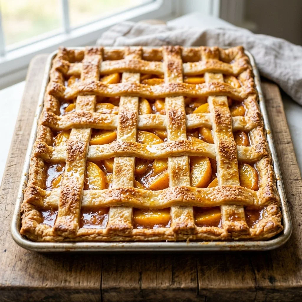 Freshly baked Peach Slab Pie with golden crust and juicy peach filling