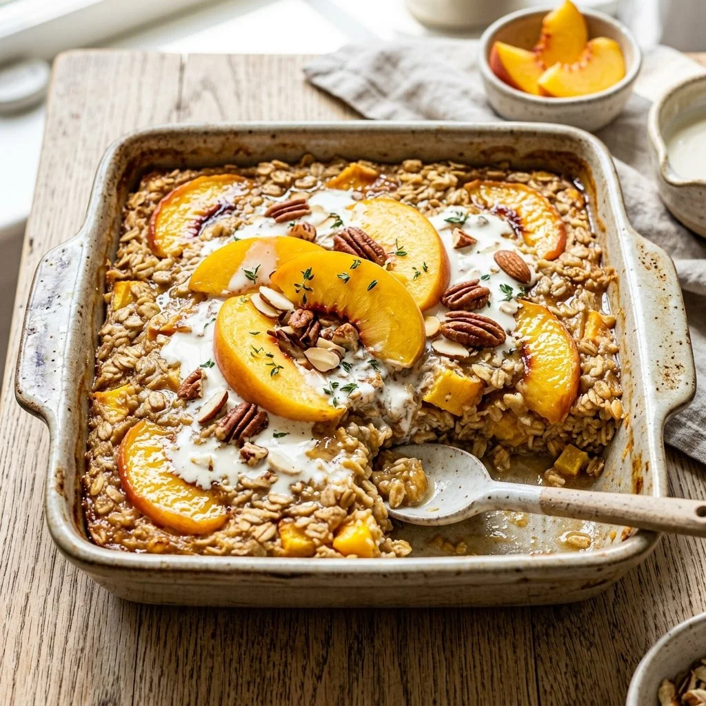 Peaches and cream baked oatmeal in a bowl topped with fresh peaches